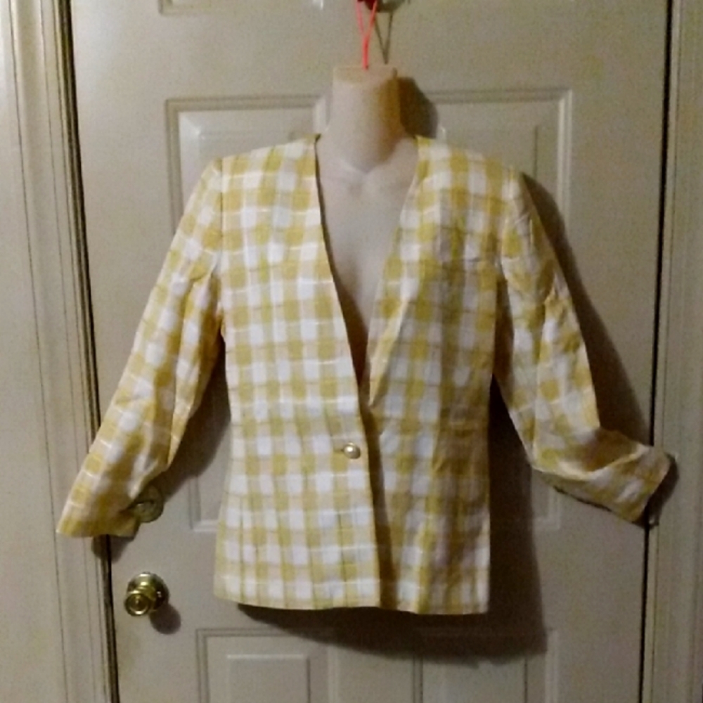Vtg 80s yellow White Sassoon Plaid Blazer Palmbeach Mobwife Pearl Buttons